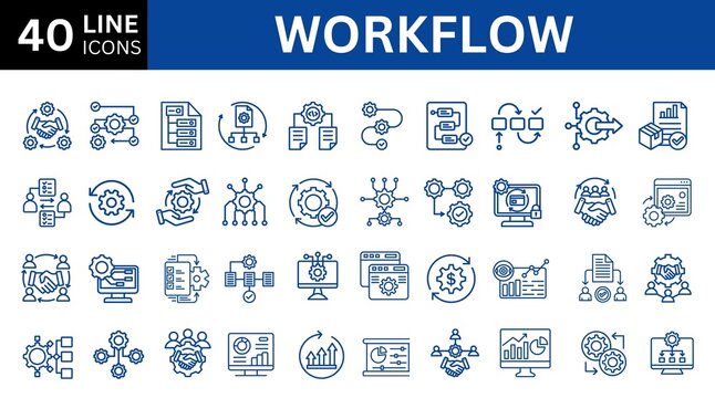 Set of 40 icons related to workflow, processing, operation. Outline icon collection. Editable stroke. Vector illustration.