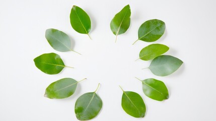 Fototapeta premium A circular arrangement of various green leaves on a white background, showcasing diverse shapes and shades, symbolizing nature and freshness.