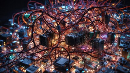 A tangled web of colored wires and circuit boards with exposed electronic components and flashing lights in a chaotic mess, electronics, board