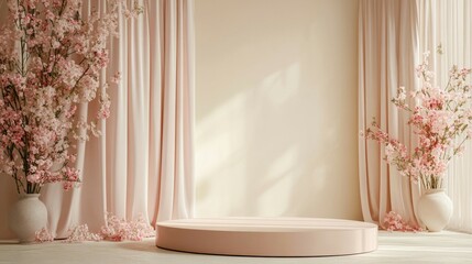 Elegant Pink Stage with Cherry Blossoms and Drapes