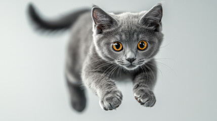 Obraz premium A sleek silver-grey cat with deep amber eyes, captured mid-pounce with paws extended outward, fur shimmering with light reflections
