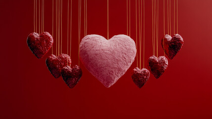 Hanging red and pink hearts on strings against red background