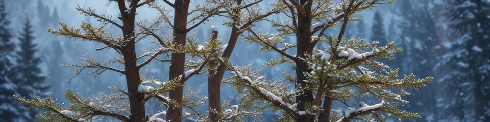 Fototapeta premium Bare evergreen tree in winter with snowflakes, frosty, still, small trees