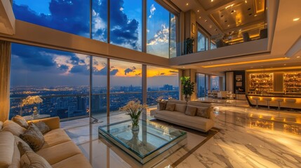 Fototapeta premium A luxurious penthouse living room with marble flooring, a glass coffee table, and an expansive city skyline view through floor-to-ceiling windows