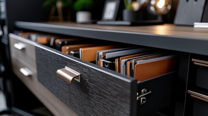 Fototapeta premium Modern Office Drawer with Organized Files and Documents in a Sleek Workspace Setting