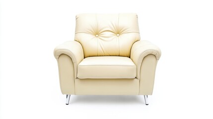 A cozy, cream-colored armchair with a tufted design and sleek legs, perfect for modern living spaces and relaxation.