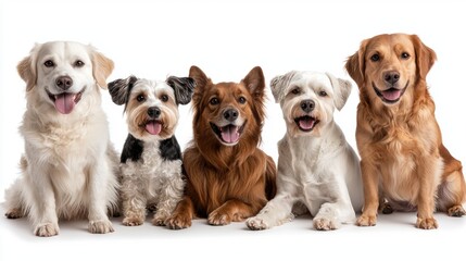 Group of Five Happy Dogs Sitting Together Isolated on White Background, Smiling and Looking at Camera, Diverse Breeds and Colors