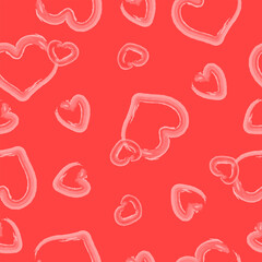Seamless pattern with hand drawn  pink hearts on red background. Design for fashion, fabric, textile, packaging paper, gift paper. Valentines day concept.