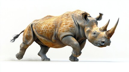 Obraz premium A powerful rhinoceros charging, dust flying, isolated on white background.