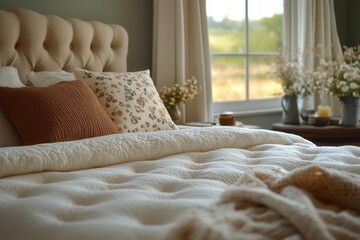 a beautifully styled double bed featuring a plush mattress, adorned with soft linens and decorative pillows, set in a warm, inviting bedroom with gentle lighting that promotes relaxation