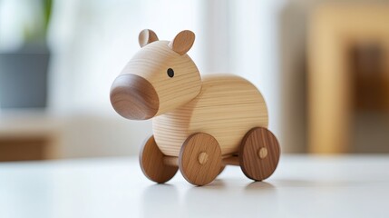 A pull-along wooden animal toy sitting on a clean white surface.