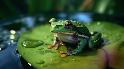 Naklejka premium Green Frog on Lily Pad