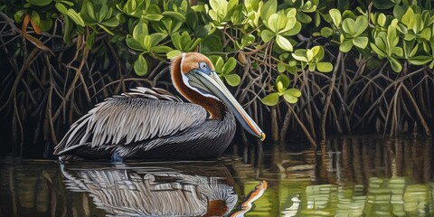 Brown Pelican Grooming Feathers Amidst Lush Mangroves, Showcasing the Graceful Brown Pelican as it Preens, Highlighting the Beauty of Nature in a Serene Setting. © Nijat