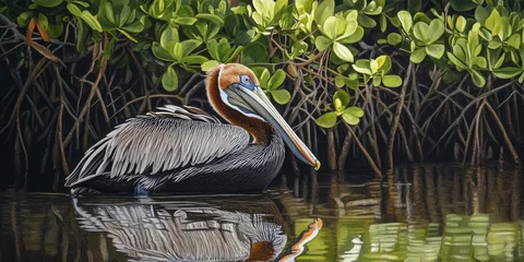 Brown Pelican Grooming Feathers Amidst Lush Mangroves, Showcasing the Graceful Brown Pelican as it Preens, Highlighting the Beauty of Nature in a Serene Setting. © Nijat