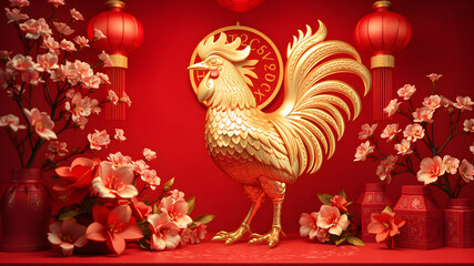 A glowing red Chinese New Year theme with a golden rooster surrounded by blooming flowers and festive decor