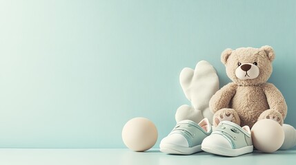 A simplistic design featuring baby shoes and a teddy bear on a plain background, with pastel accents for a nursery atmosphere