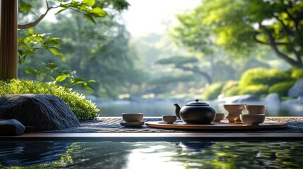 A traditional Japanese tea ceremony in a serene garden