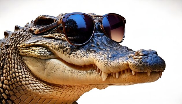 Crocodile wearing sunglasses and posing, showcasing personality and style, playful touch and fierce demeanor