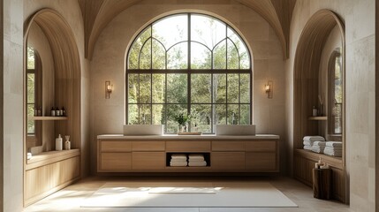 A spacious bathroom featuring a double vanity and large arched windows.