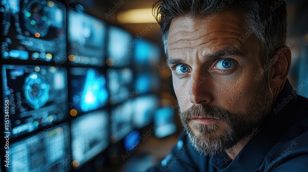 Poster focused professional analyzing data on multiple screens in a high-tech control room environment