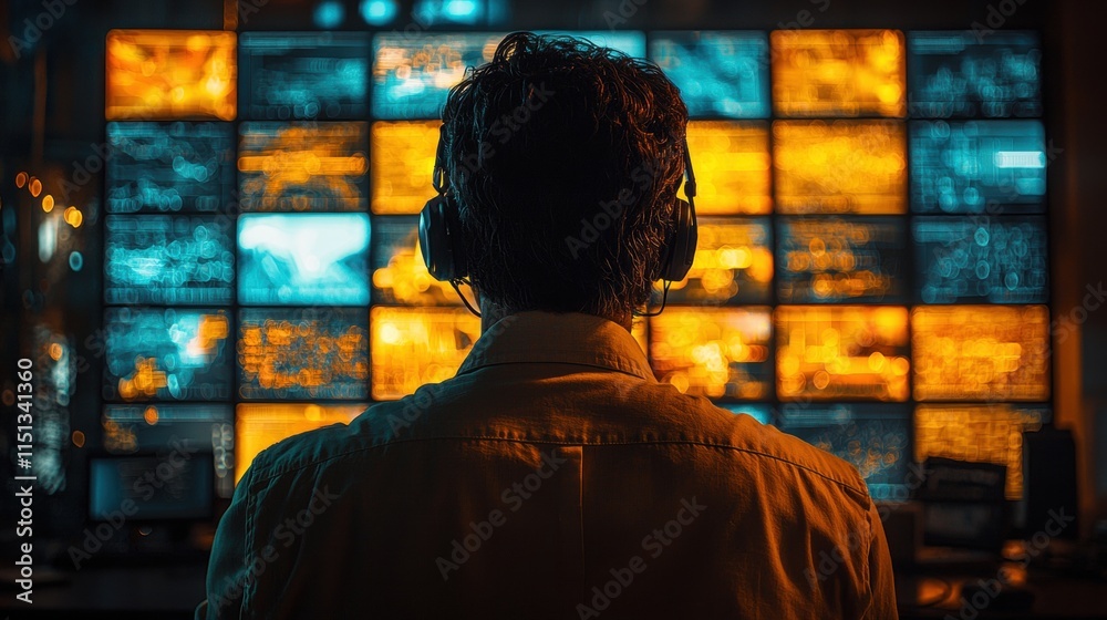 Poster man analyzing data on multiple screens in a high-tech control room with vibrant digital displays