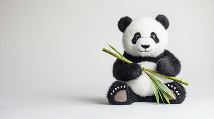 A stuffed panda toy with a bamboo stick placed on a white background.