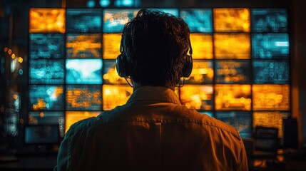 Obraz premium Man Analyzing Data on Multiple Screens in a High-Tech Control Room with Vibrant Digital Displays
