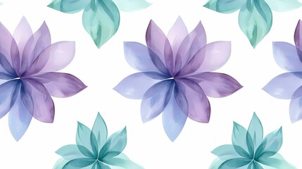 Fototapeta premium The image contains a repeating pattern of stylized flowers in shades of purple, lavender, and teal on a white background.
