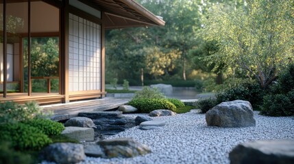 A traditional Japanese tea house with a serene garden