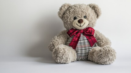 Obraz premium A teddy bear with a red bow sitting on a white surface, exuding warmth and comfort.