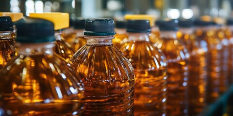 Palm oil in a bottle showcased in a pattern at a factory warehouse, emphasizing the diverse uses of palm oil in food production within a commercial setting.