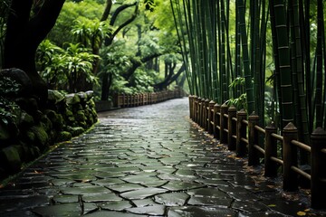 Stone path through lush bamboo forest.