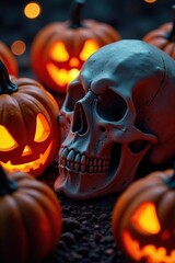 Creepy skulls in a circle of glowing pumpkins, eerie, halloween