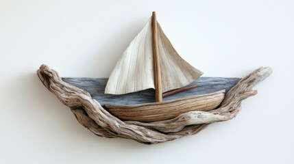 Fototapeta premium Driftwood sailboat wall art sculpture.