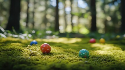 A glowing sunlit forest clearing with Easter eggs on mossy ground, symbolizing rebirth and nature beauty.