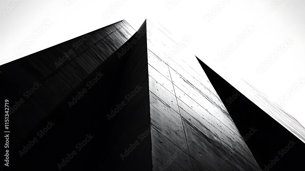 Aufkleber Abstract view of modern concrete building's sharp angles and textured facade.