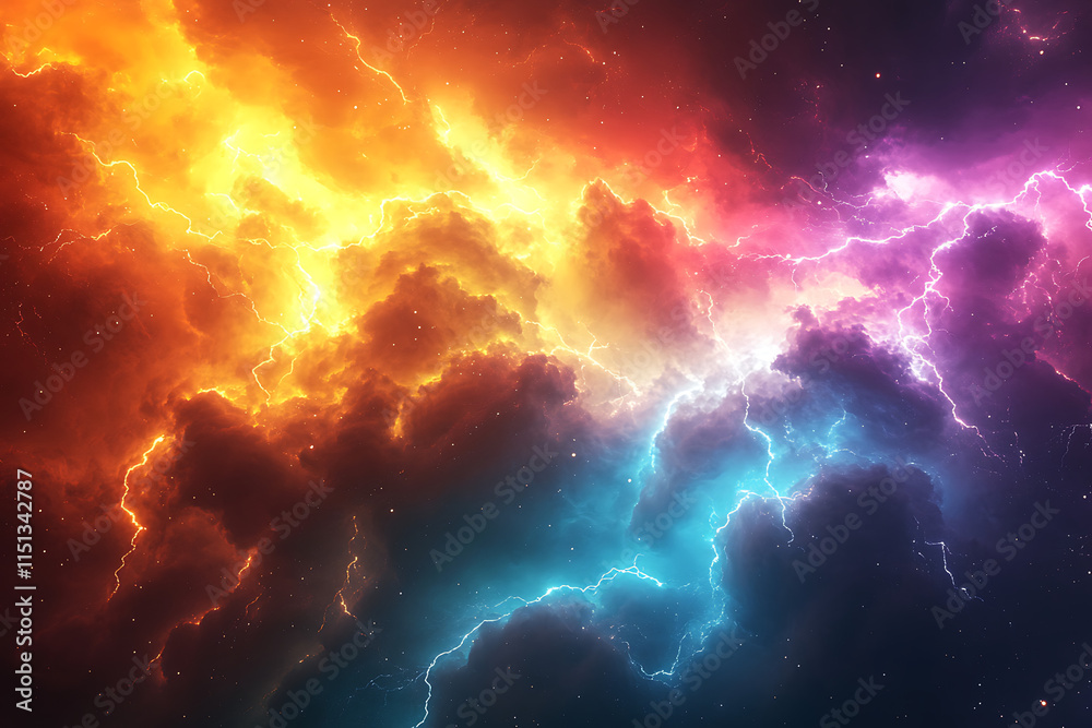 Wall mural cosmic scene featuring colorful lightning and clouds in a starry background.