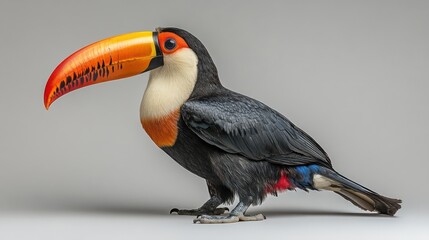 Naklejka premium A vibrant toucan with a large, colorful beak, perched on a neutral background.