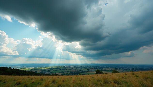 Dark clouds gather over a vast landscape of rolling hills and fields, nature, clouds