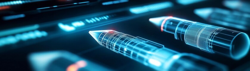 Blueprints of a modern nuclear weapon displayed on holographic screens, nuclear bomb, futuristic design