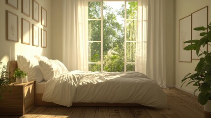 Fototapeta premium Minimalist bedroom with calming colors, soft bedding, and serene decor.