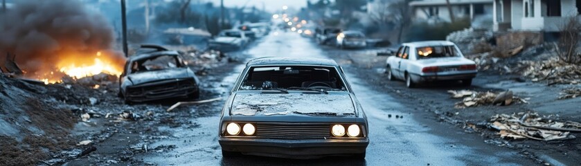 Burned-out cars in an ash-covered suburban street, nuclear bomb, human cost of war