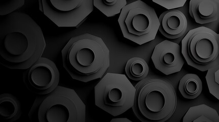 Abstract black geometric shapes background with layered hexagons and circles.