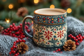 a festive cup for hot drinks adorned with cheerful holiday designs, set against a cozy backdrop, capturing the essence of preparing for christmas and new year celebrations filled with warmth and joy