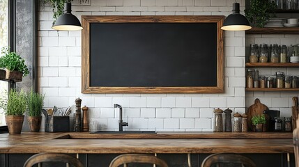 Modern kitchen with a blank chalkboard on the wall