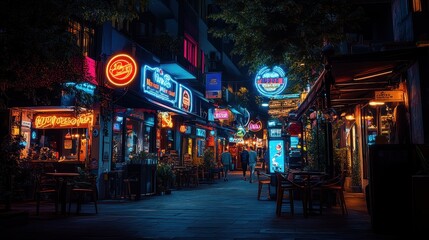 Obraz premium Nighttime street scene with neon signs, inviting people to join the fun inside.
