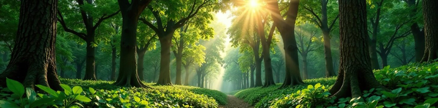 Dense canopy of Diospyros decandra trees in forest clearing, nature, sunlight, tropical