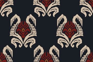 Embroidered Ikat  pattern on a black background. Traditional ethnic ikat, Aztec abstract vector pattern, seamless pattern in tribal, folk embroidery and Mexican style.