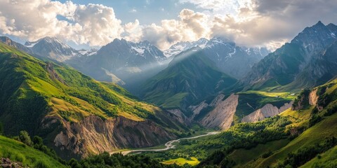 Fototapeta premium Scenic view of a valley surrounded by majestic mountains, highlighting the natural beauty of the Caucasus landscape, showcasing the stunning features of the valley and mountains in harmony.