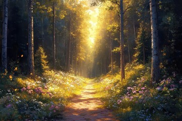 Obraz premium a lively painting of a sunlit forest path, where golden rays filter through the vibrant leaves, illuminating the flora below. the bright colors evoke a sense of tranquility and connection to nature